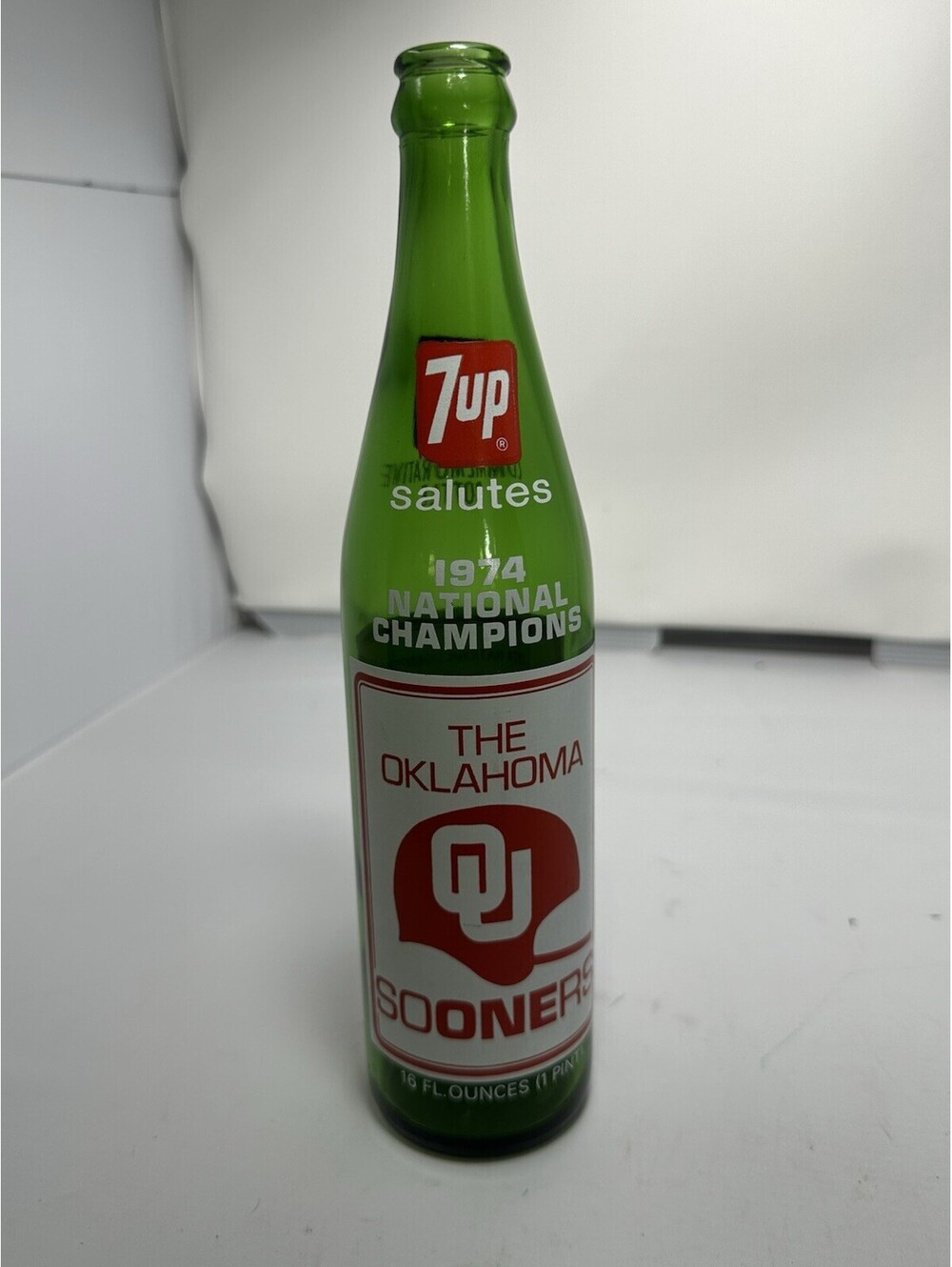 1974 National Champions Oklahoma Sooners 7UP Commemorative Bottle 16 oz. (Empty)